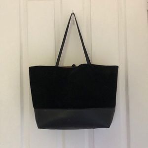 Black suede + leather tote bag